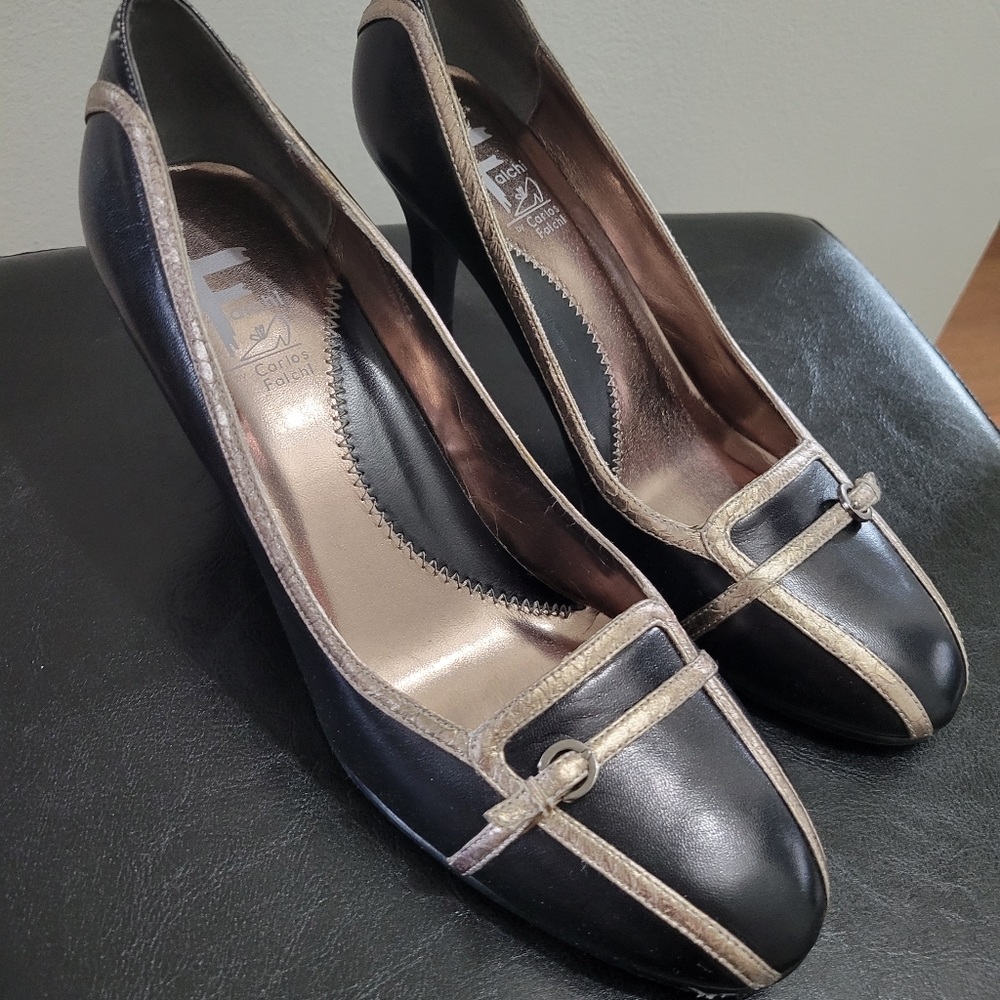 Carlos Falchi Black & Gold Shoes, Size 9, 3 Inches